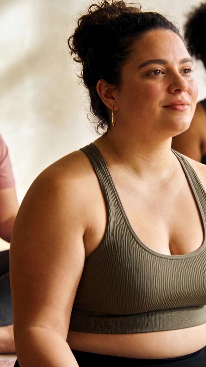 Video verticale: Reagendo a un segnale, una donna con reggiseno color oliva chiude gli occhi, indossando orecchini a cerchio d'oro, in uno studio di yoga.