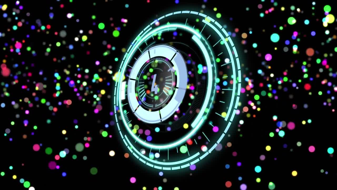 animación de un escáner circular con cuenta atrás, sobre puntos de luz multicolores que se elevan en negro