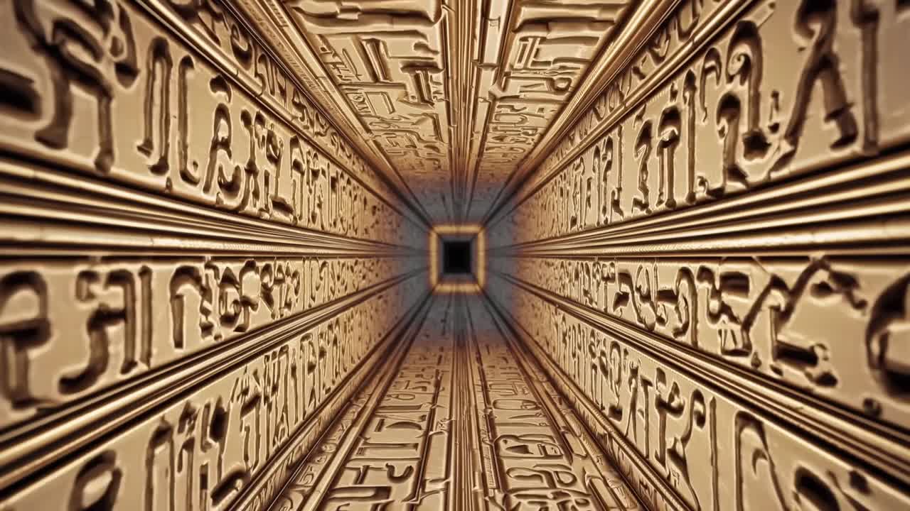 Intricate tunnel with hieroglyphic carvings transitions from light to shadow, creating a mesmerizing visual journey through ancient artistry and depth perception