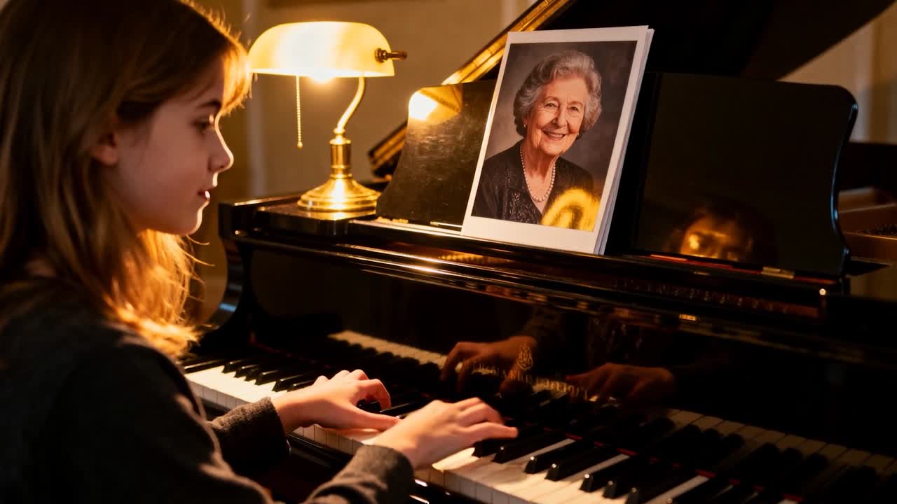 Adolescente con maglia scura che suona il pianoforte a coda a casa, mentre guarda un ritratto e onora la nonna, con spazio per il testo.