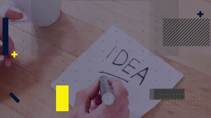 Animating of abstract shapes over mid section of man with coffee cup and writing idea text on paper