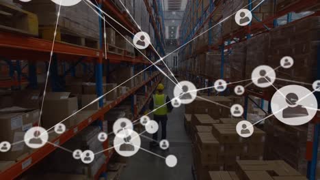 Animation-of-network-of-connections-over-caucasian-worker-in-warehouse