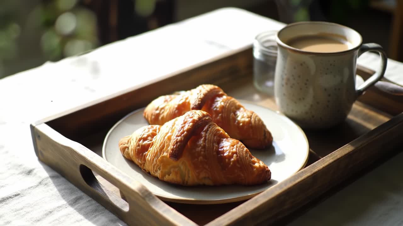 A Delightful Morning with Freshly Baked Croissants and a Warm Cup of Coffee on a Rustic Tray, Perfect for a Cozy Breakfast Experience