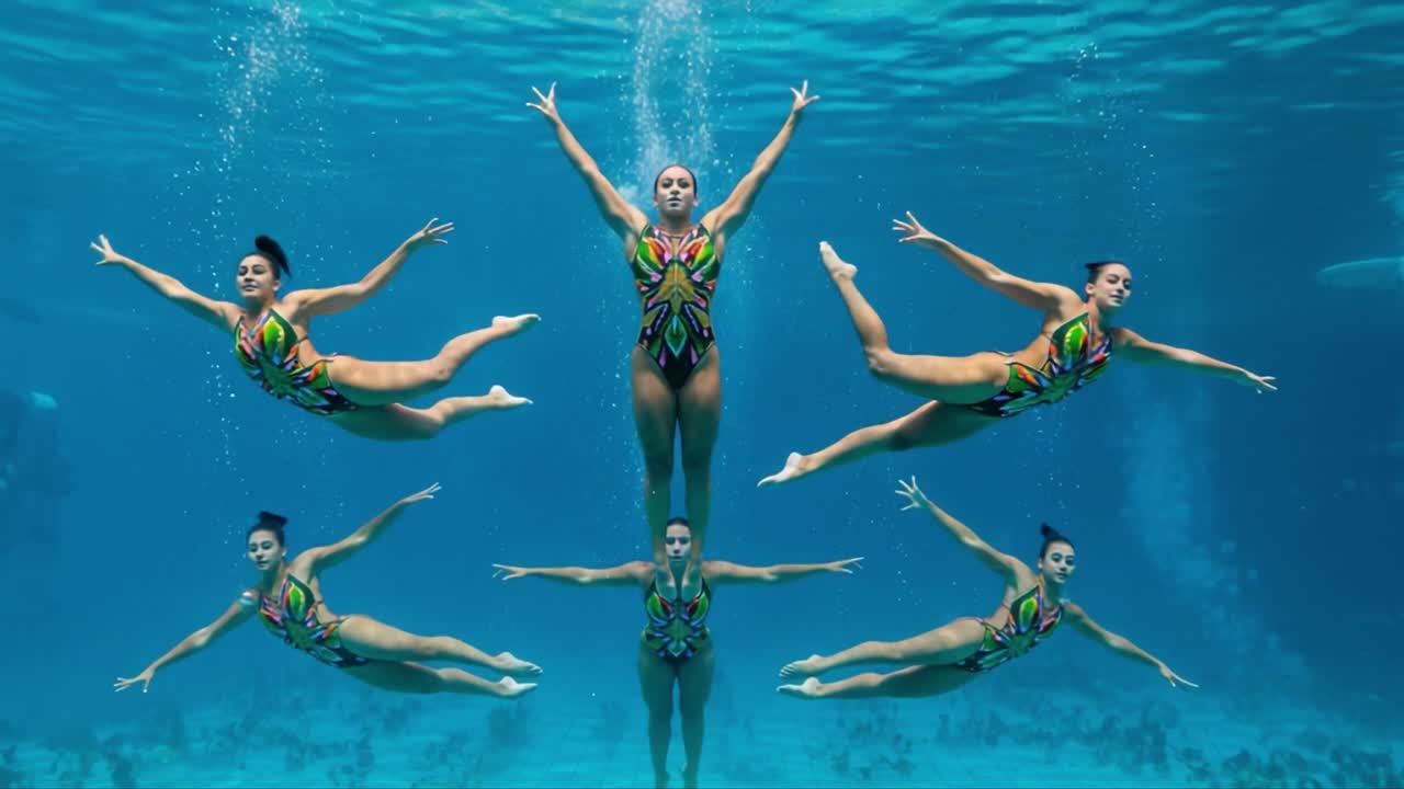 Graceful Aquatic Performance: Stunning Synchronization of Swimmers in Colorful Costumes Underwater, Capturing the Elegance and Athleticism of Synchronization