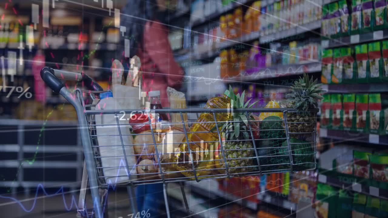 쇼핑 트롤리 위에서 통계 및 금융 데이터 처리의 애니메이션