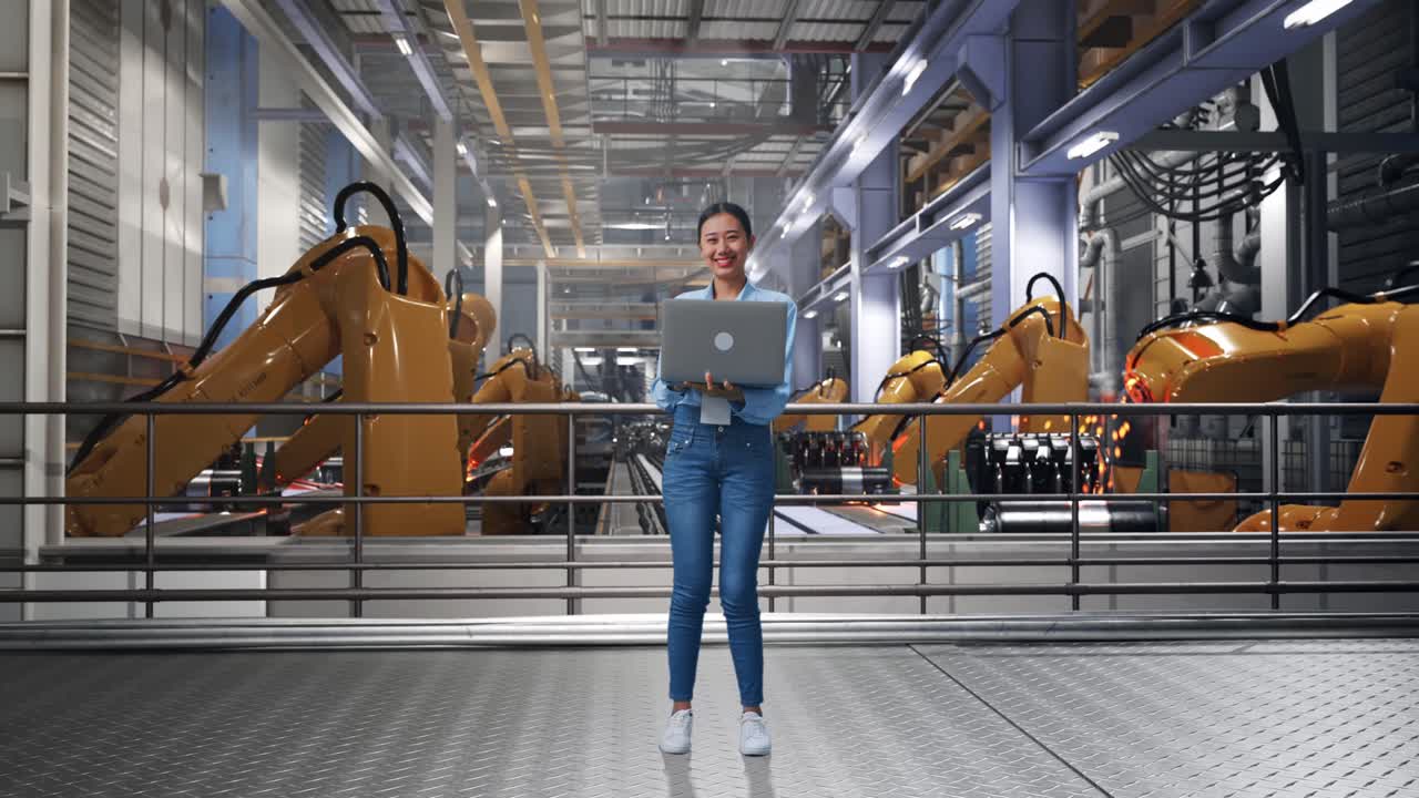 Full Body Of Asian Female With Her Laptop With Industrial Robotic Arms Working, She Is Looking At The Camera With A Smile