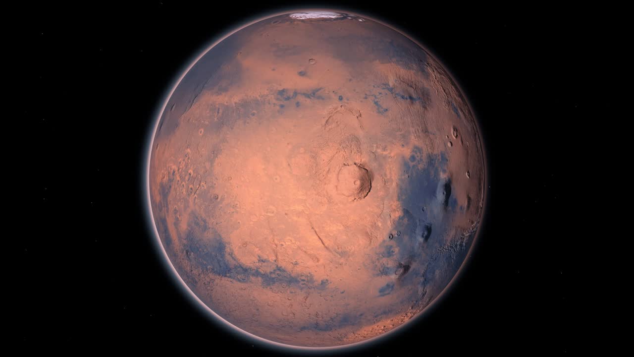 Mars Planet Rotating in the outer space.. Orbiting Planet Mars. Traveling to the red planet Mars in space. Elements of this video furnished by NASA.