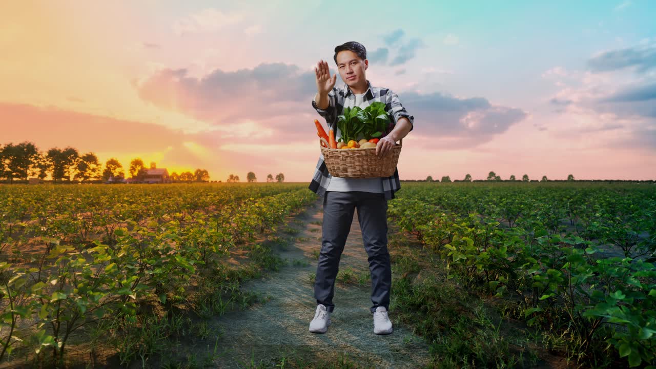 에 서 있는 동안 정지 표지판을 보여주는 채소 바구니와 함께 아시아 남성 농부의 전체 몸