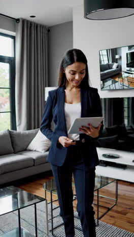 business woman using tablet in modern living room
