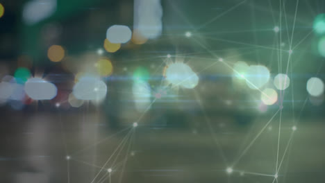 animación de puntos conectados con líneas con efecto bokeh y sección media de personas que caminan por la calle