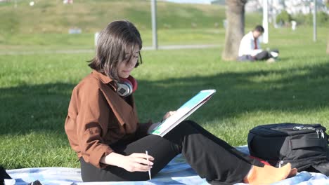 young woman painting at park