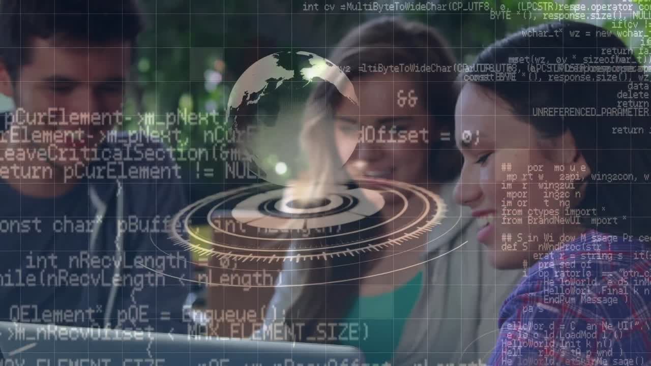 animación del procesamiento de datos sobre personas de negocios que usan auriculares telefónicos