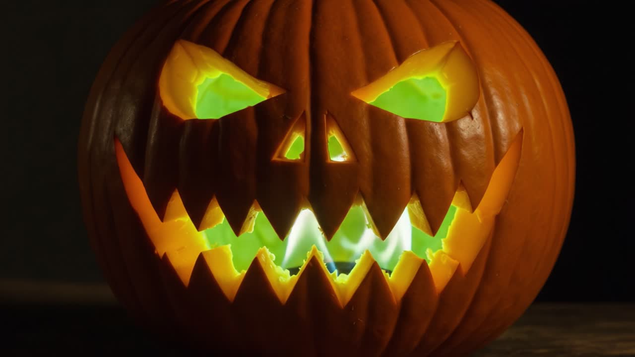 A Spooky and Menacing Halloween Pumpkin with Glowing Green Eyes: Perfect for Setting the Halloween Mood with its Sinister Smile and Eerie Glow