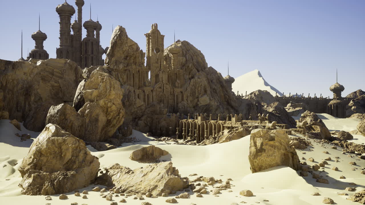 Desert scene with unique rock formations and ancient architecture