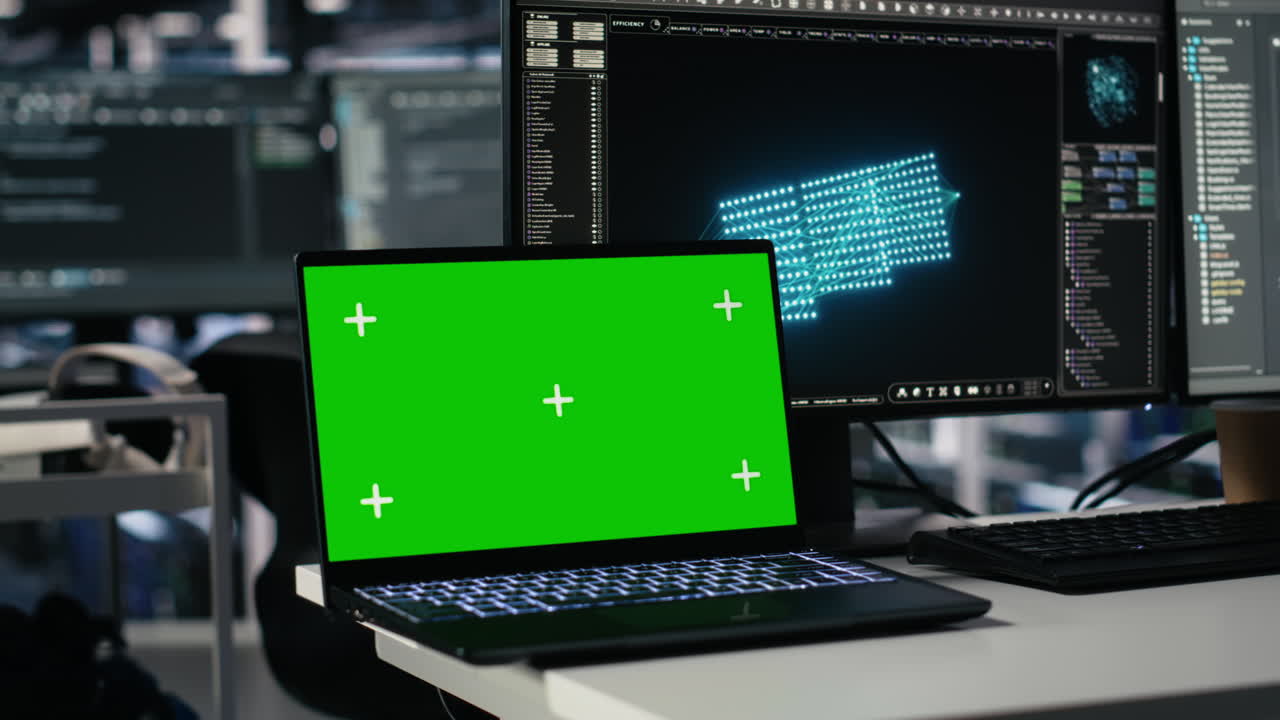 Close Up Of Isolated Screen Laptop In Data Center Used By Programmer Managing Ai