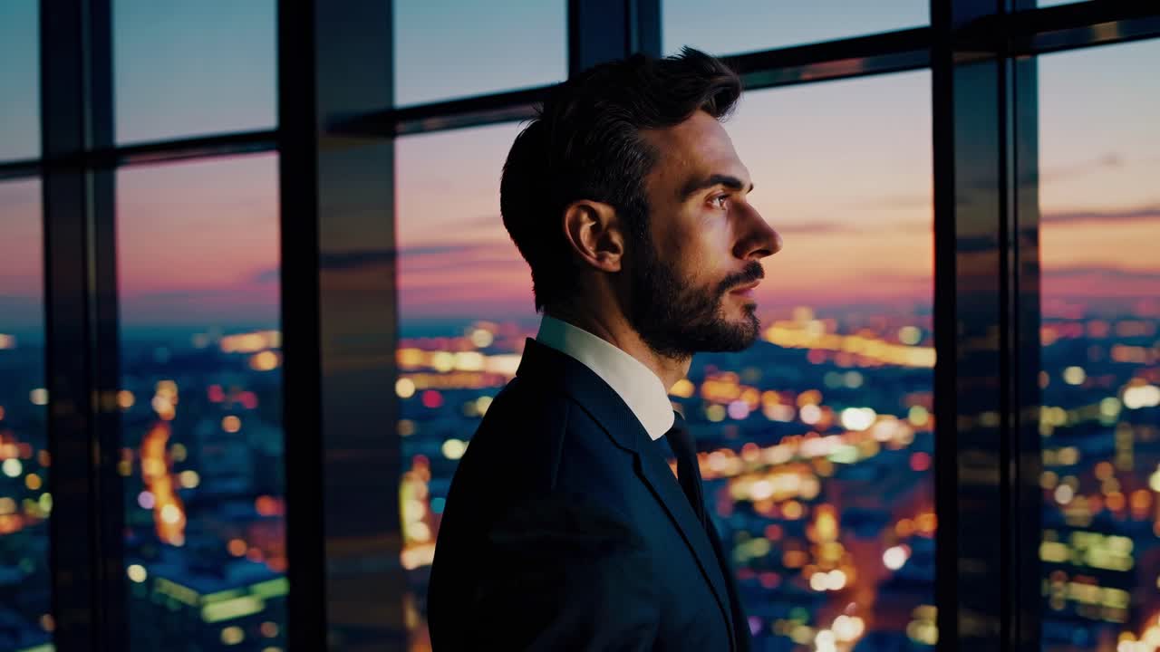 A man in a suit gazes out a window at a cityscape during sunset