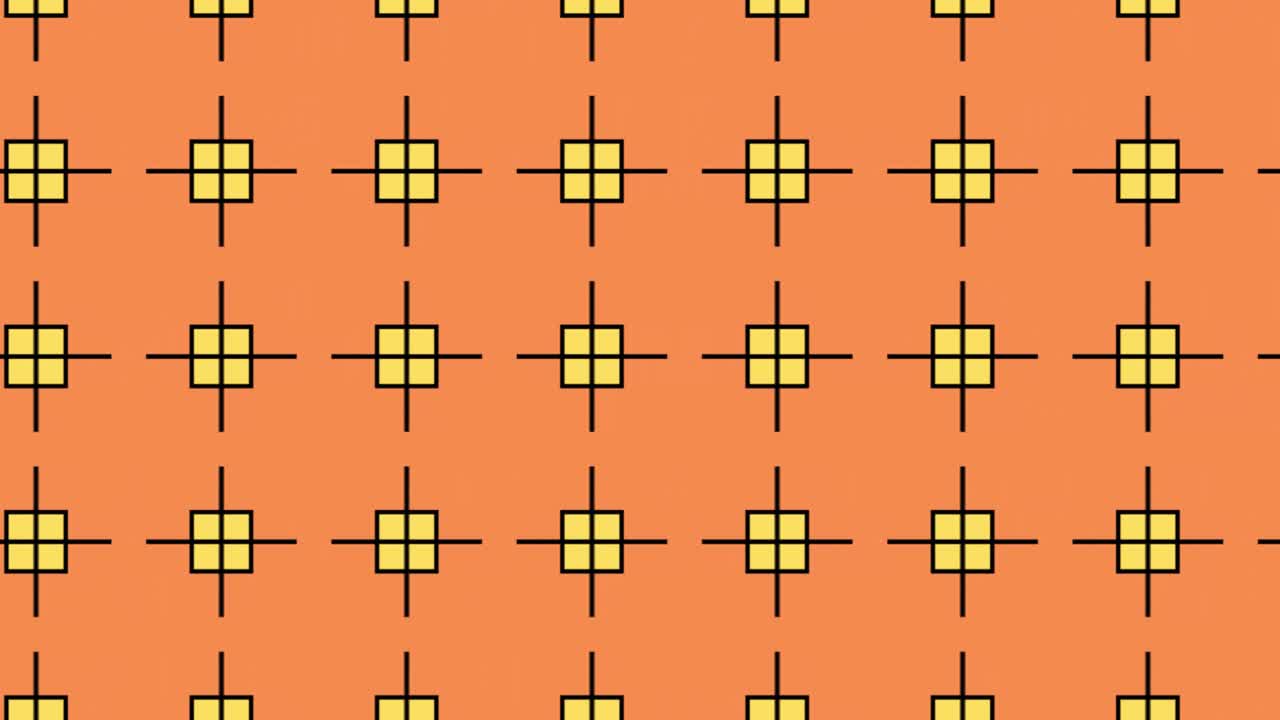 추상, 배경 애니메이션, 노란색 사각형 및 주황색 배경의 검은색 레티클