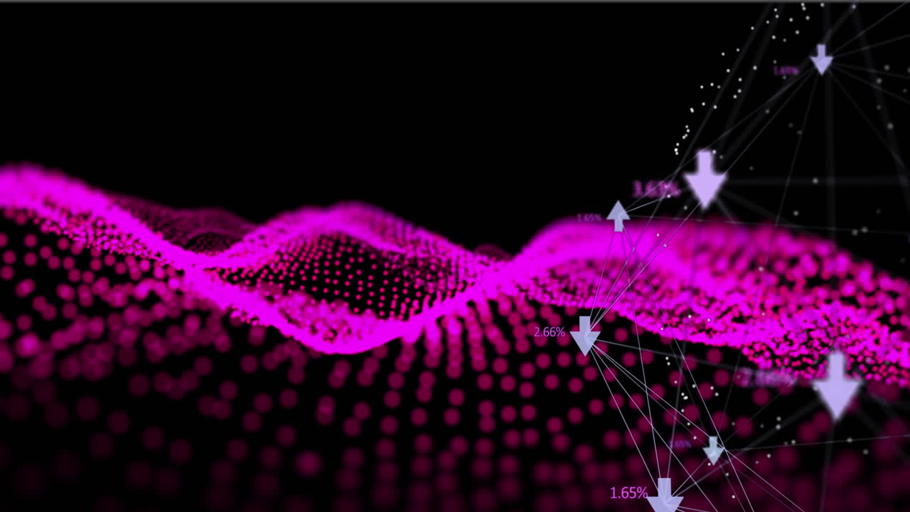 Animation of numbers and arrows pointing down over abstract waving mesh with pink spots