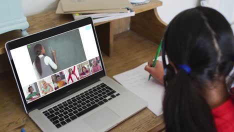estudiante que usa una computadora portátil para una lección en línea en casa, con un maestro y una clase diversos en la pantalla