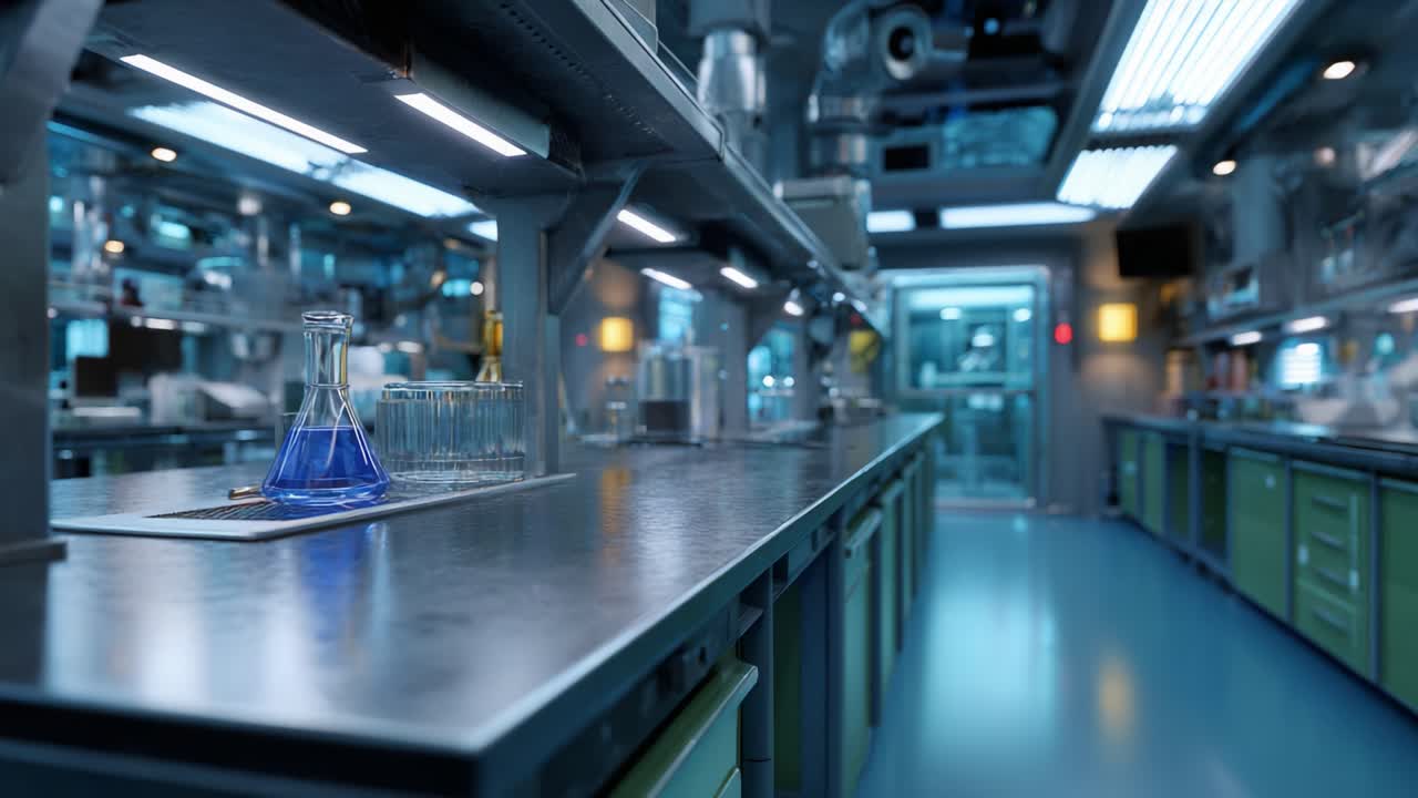 Modern Laboratory featuring Advanced Glassware with Blue Liquid on a Sleek Metal Workbench, showing an Advanced Research Environment and Clean Design Aesthetics