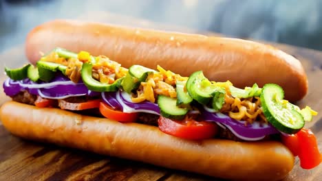 succulent hot dog topped with fresh vegetables and melted cheese on a wooden grilling board. smoke rises, enhancing the warm, appetizing presentation of this classic snack