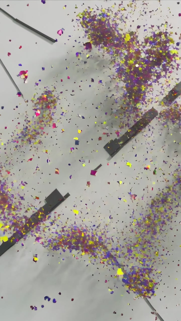 Vertical video: Bursting cluster sending confetti drifting across gray plane, flowing around bars