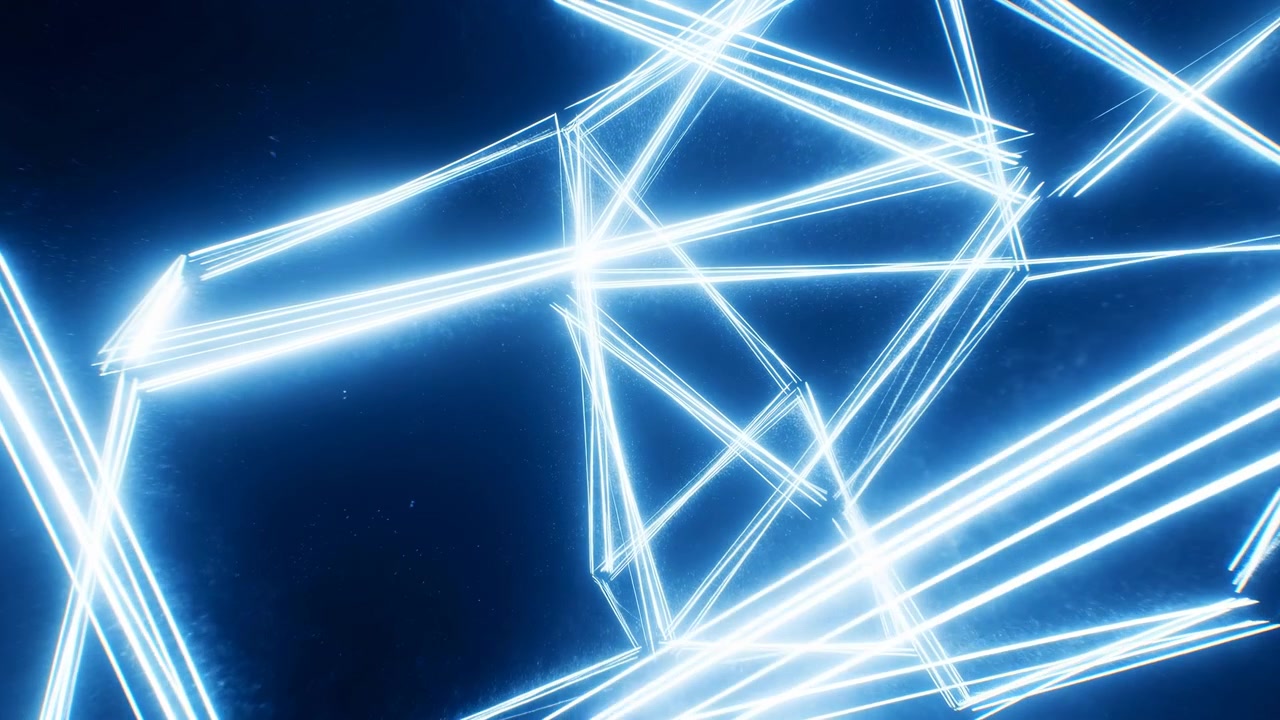 Bright glowing blue-white streaks cross in geometric paths over a dark backdrop, creating a futuristic abstract composition with strong contrast, luminous