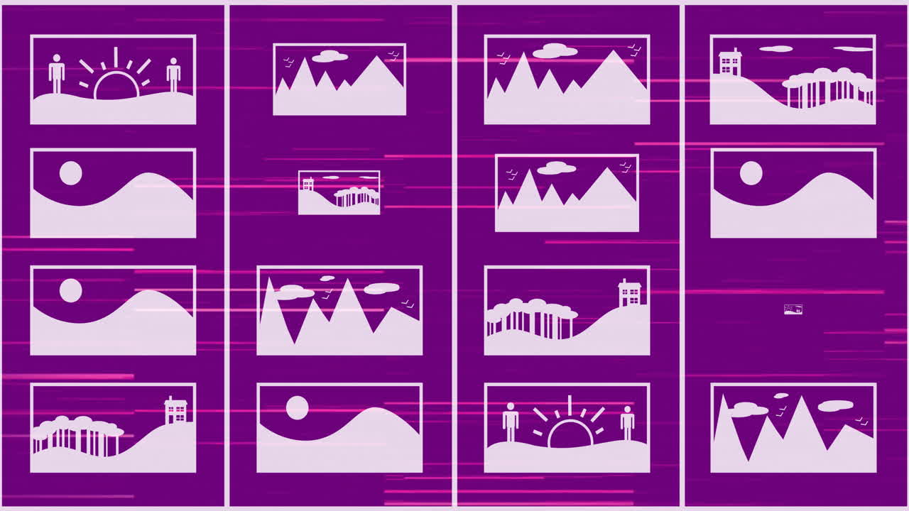 Animation of digital pictures and falling binary codes with lines over purple background