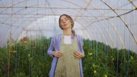 young woman gardener putting on apron, ready for work at plant shop greenhouse