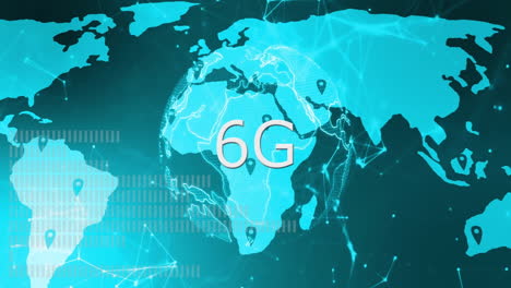 Animation of 6G technology with digital world map and network connections