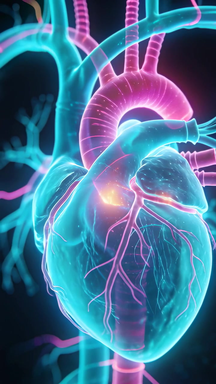 Video verticale: Telecamera che ruota all'indietro e si allontana, cuore 3D che pulsa e rivela l'aorta in laboratorio per lo studio.