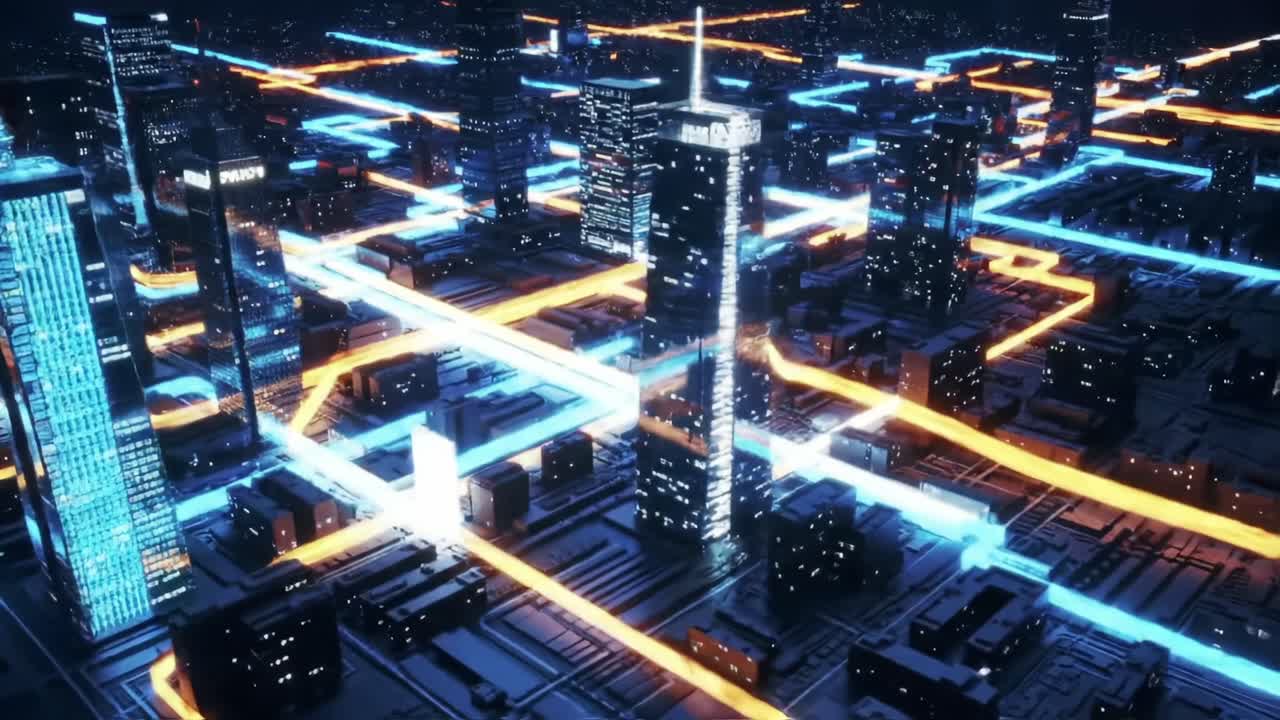 Futuristic Data-Driven Cityscape Visualization with Illuminated Pathways Depicting Complex Urban Infrastructure and Smart Connectivity Networks at Night