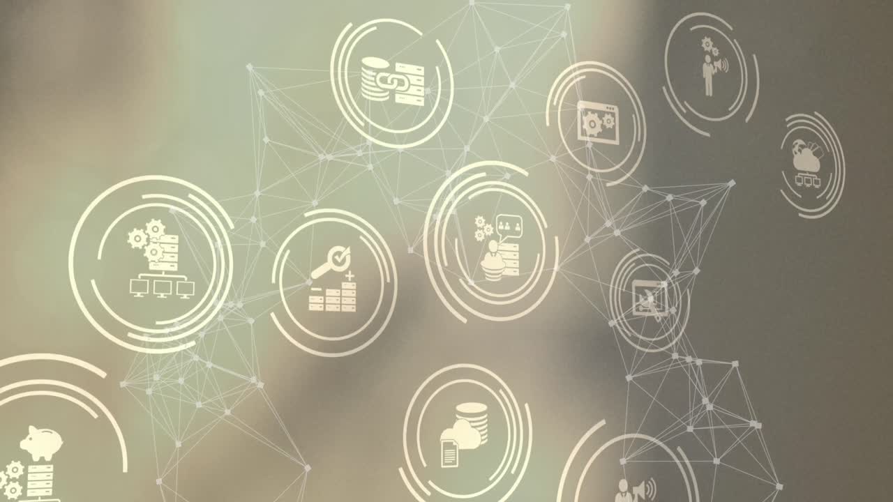 animación de múltiples iconos digitales y red de conexiones contra un fondo gris gradiente