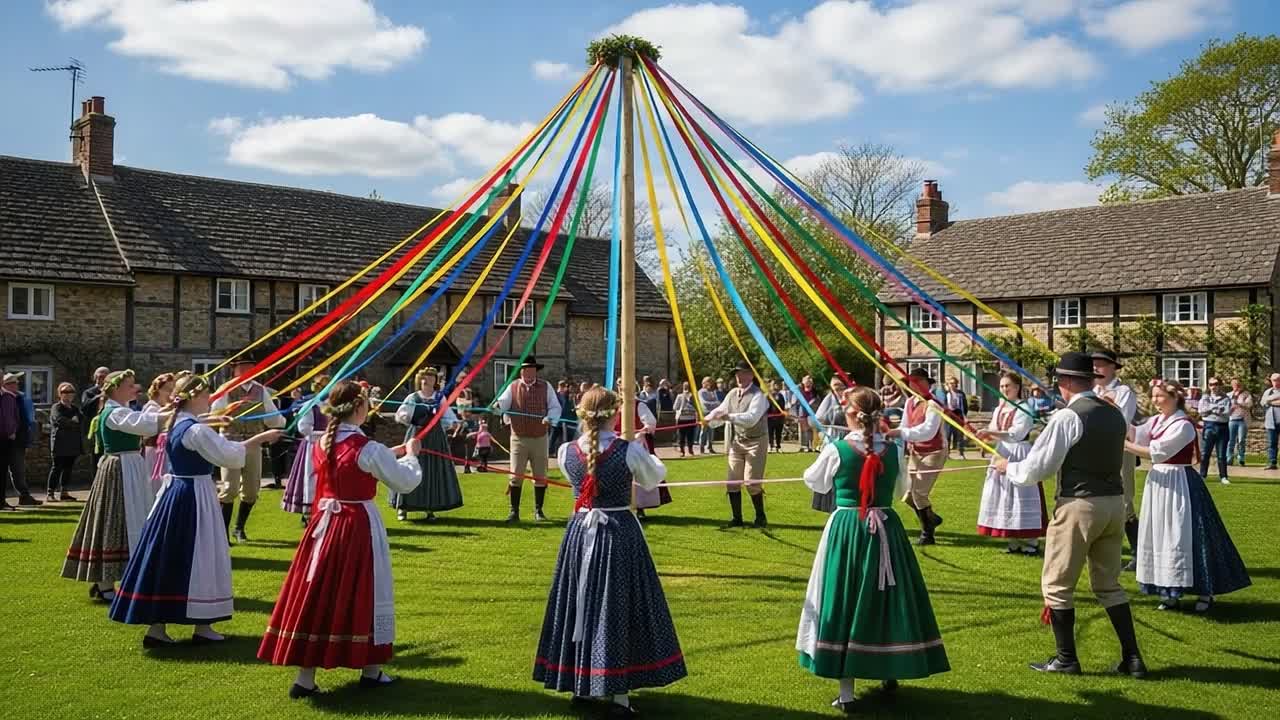Colorful Traditions: A Vibrant Dance Around the Maypole Celebrating Heritage and Community Spirit in a Joyful Festival Atmosphere