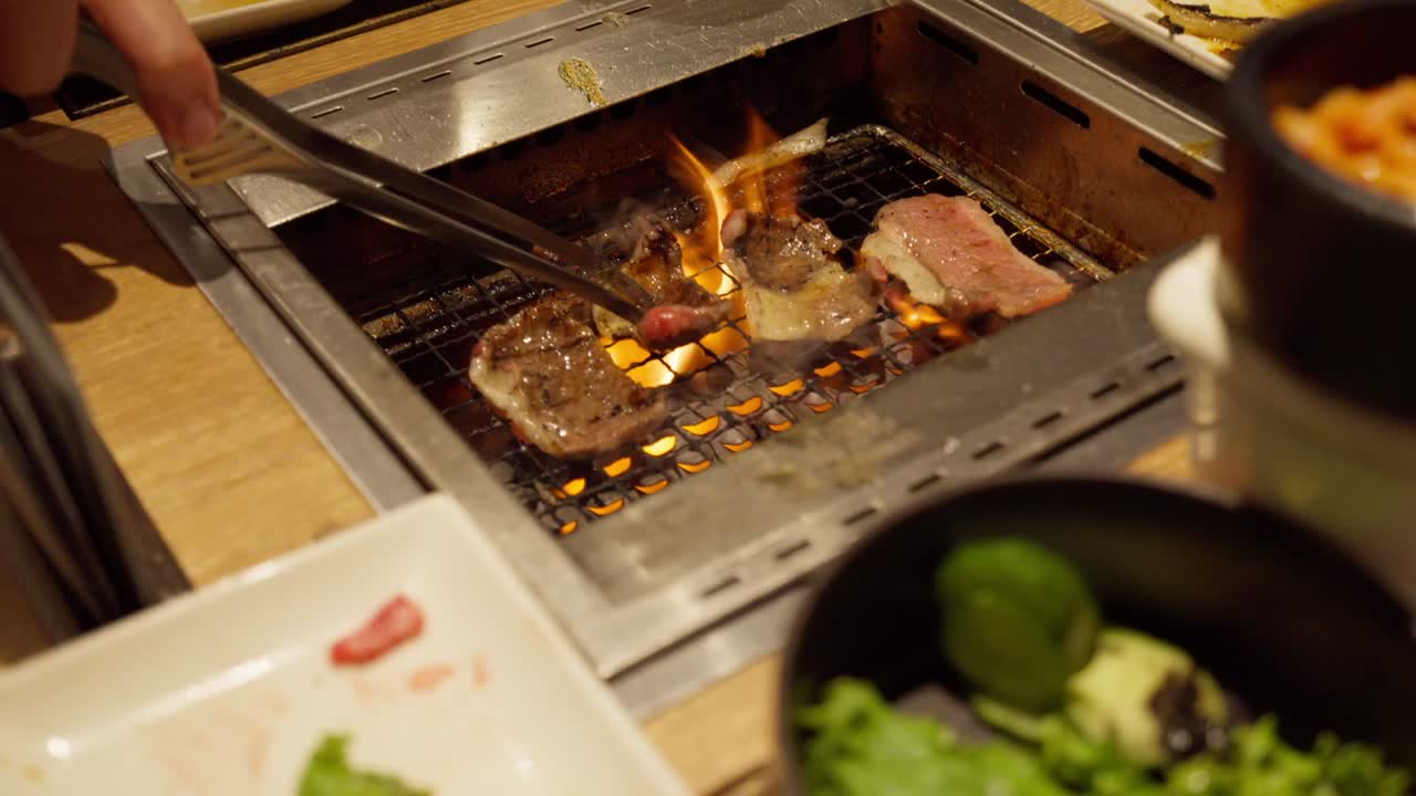 Authentic Japanese BBQ Experience – Grilling Premium Wagyu Over Charcoal, Handheld Shot