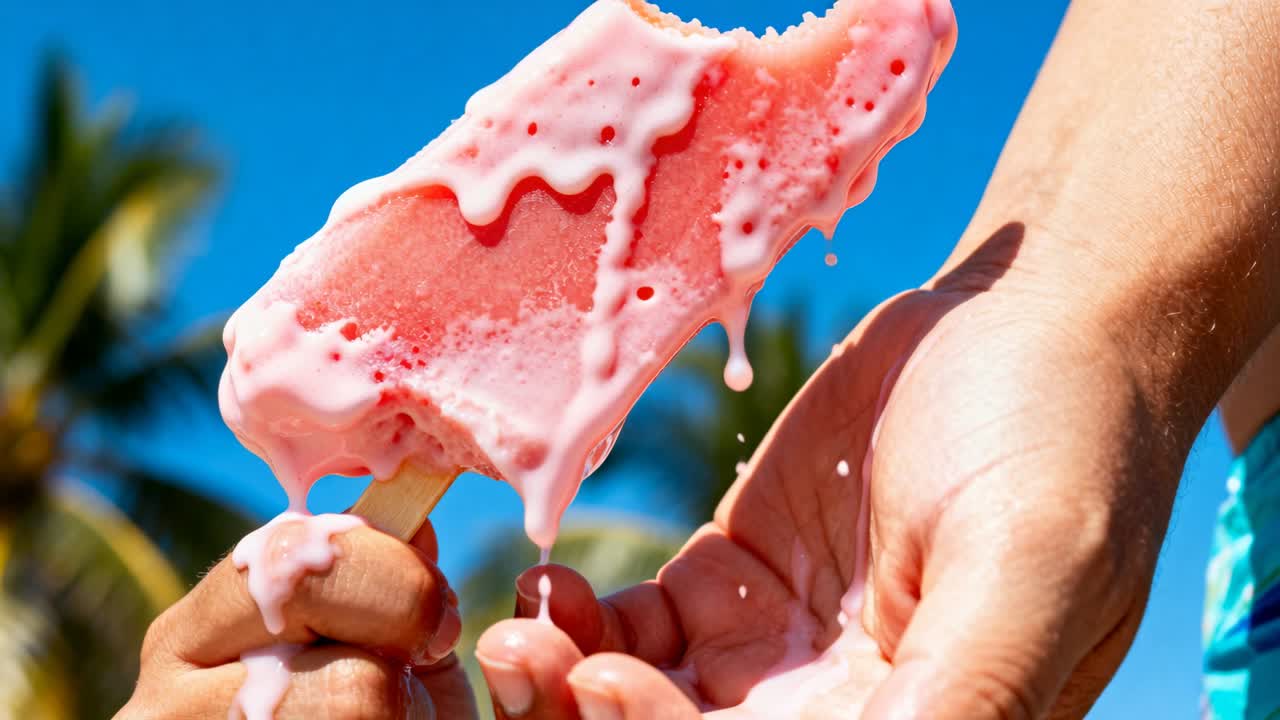 Il sole riscalda un ghiacciolo rosa, una mano con anello stringe il bastoncino, l'altra mano aperta raccoglie le gocce vicino al costume da bagno.