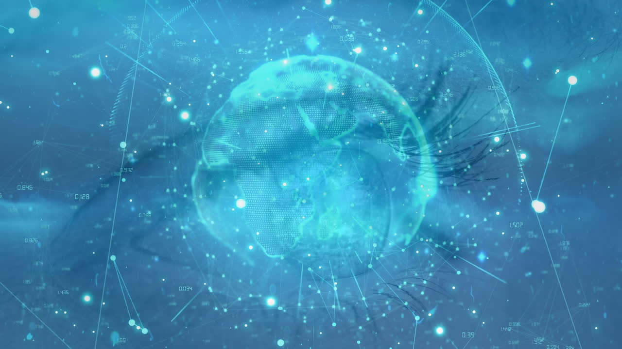 Animation of globe with connections and dots moving over woman eye
