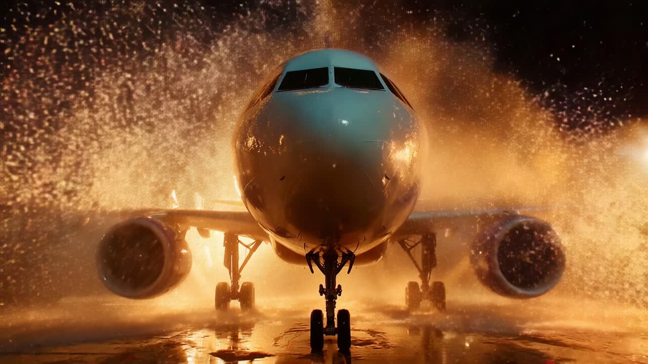 An aircraft stands amidst a dramatic scene as bursts of water and light create a captivating spectacle, showcasing the dynamic power and presence of aviation in a stunning setting
