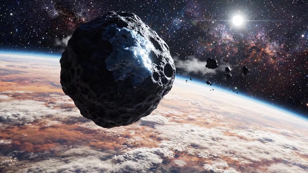Un incontro cosmico: il viaggio di un misterioso asteroide nello spazio profondo sopra un'atmosfera planetaria colorata e stelle lontane.