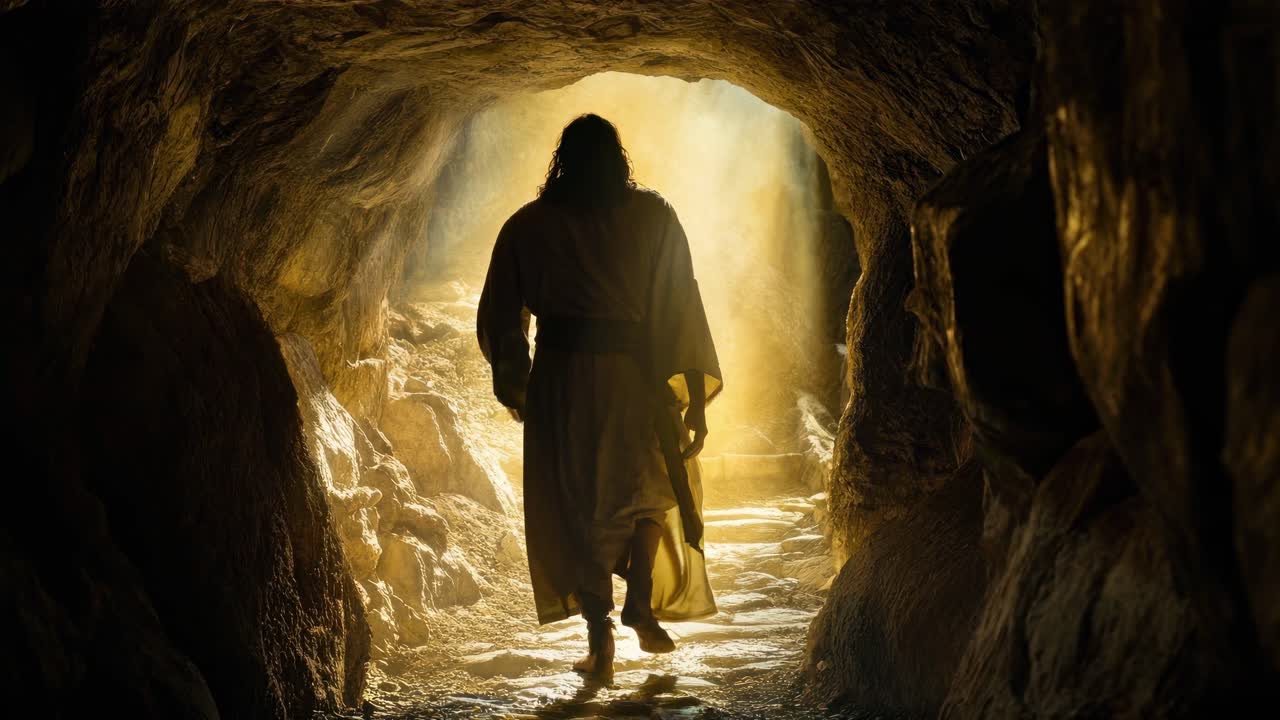 Backlit figure in a cave, captured from a low angle, creating a dramatic and mystical atmosphere