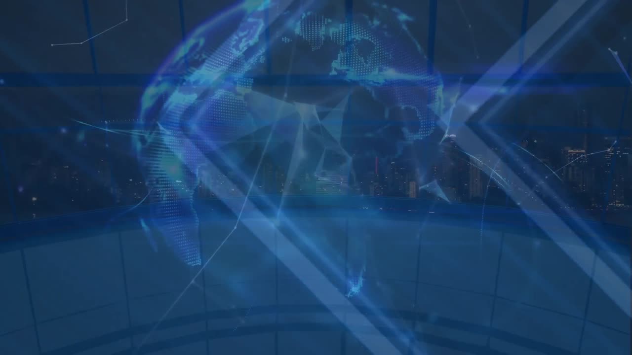 Animation of globe and shapes over cityscape