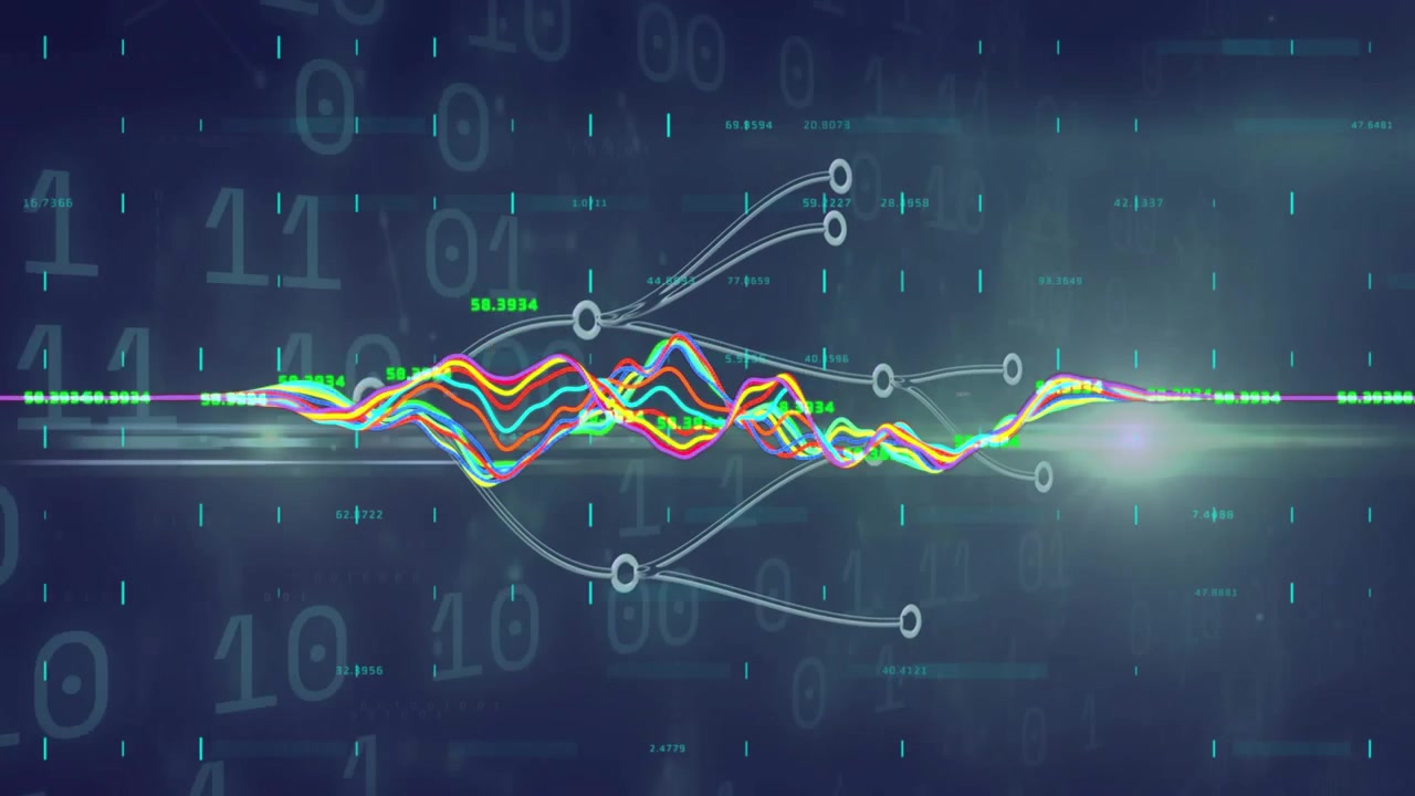 Cluster shifting right initiating colored waveform lines oscillating with nodes and glowing data