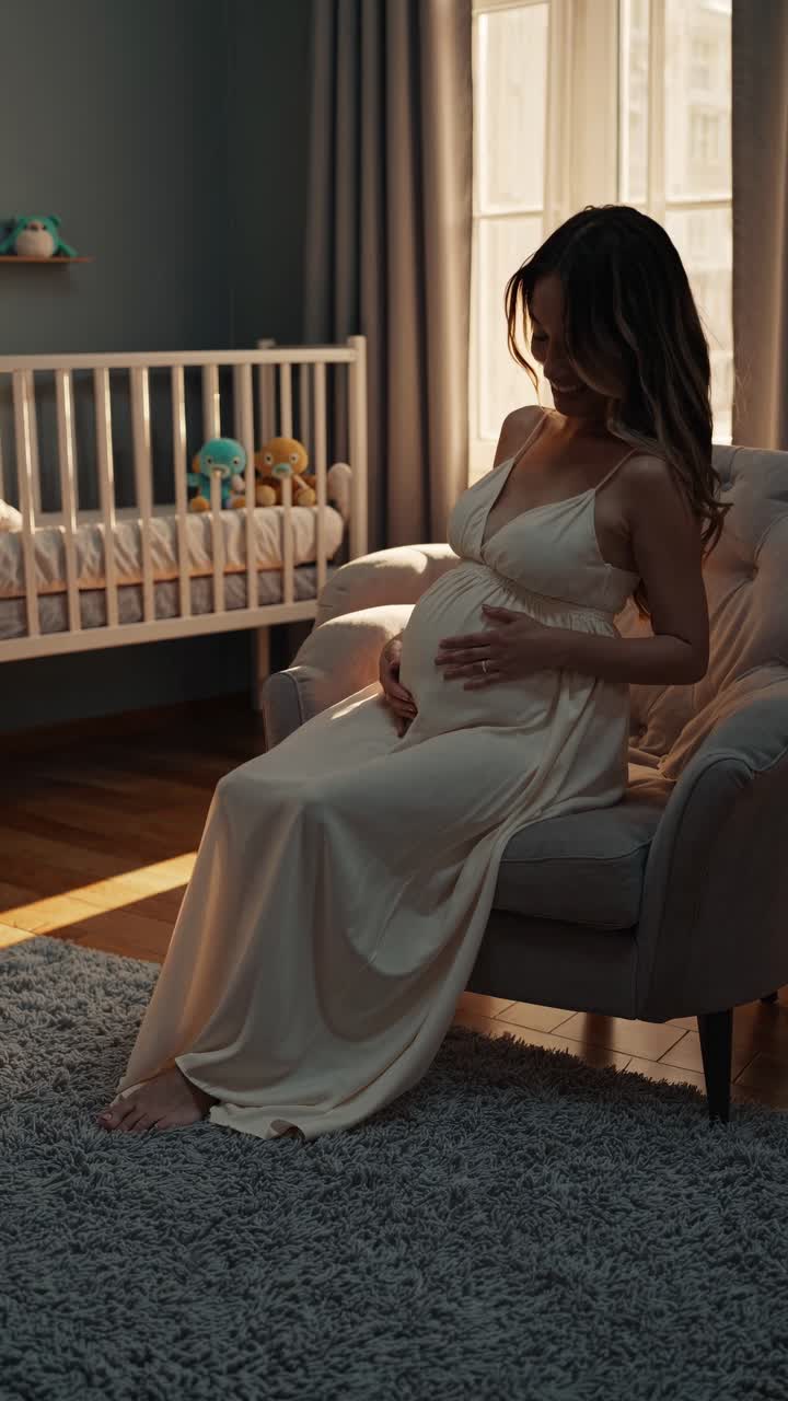 A serene video scene of a pregnant woman in a soft-lit nursery, captured from a side angle