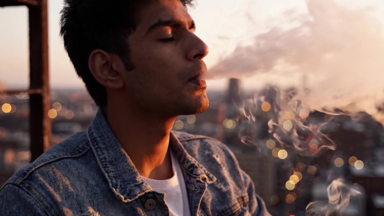 A Pensive Moment at Dusk: Reflective Young Man Contemplating Life While Enjoying a Cigarette Against a Scenic Urban Backdrop as Day Turns to Night