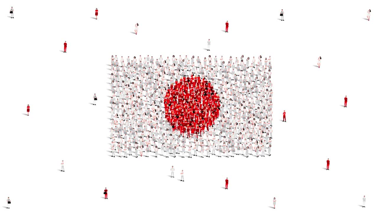 일본의 발: 일본 발의 모양을 만들기 위해 많은 사람들이 모여 4k 애니메이션 비디오를 만니다.