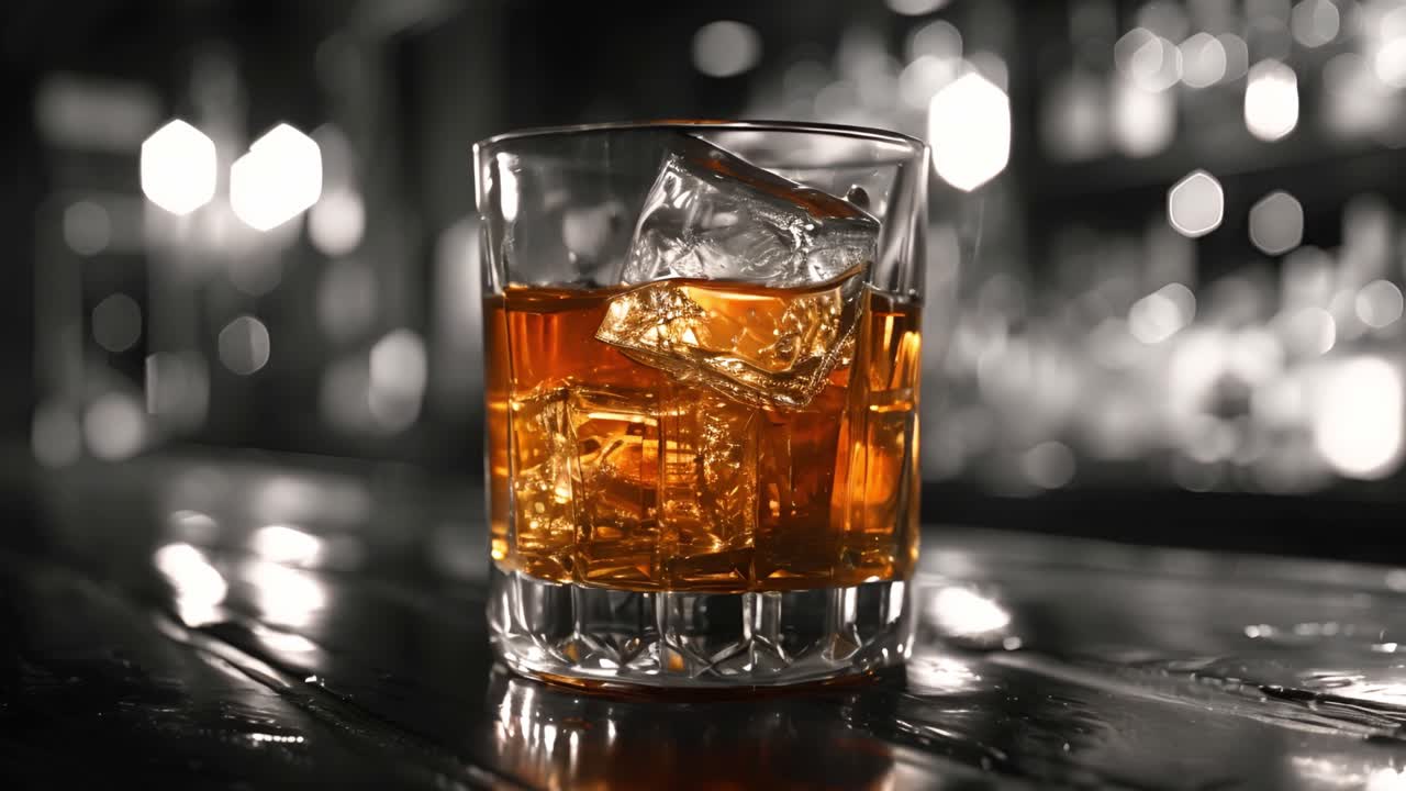 Glass of Whiskey with Ice on a Bar Counter