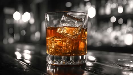glass of whiskey with ice on a bar counter