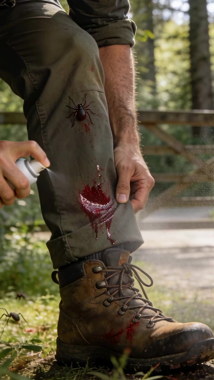 Video verticale: Individuazione di zecche, uomo che spruzza il bordo dei pantaloni con una bomboletta spray su un sentiero nel bosco.