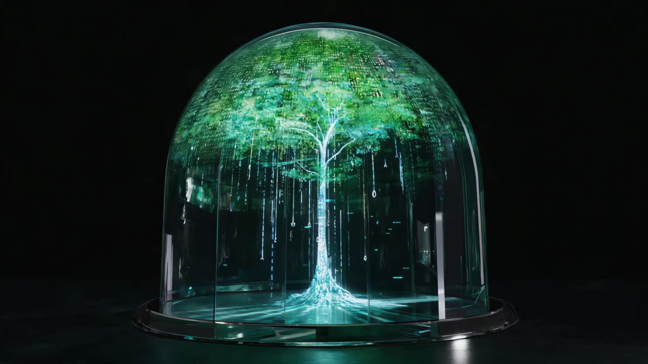 Albero luminoso futuristico in una cupola di vetro
