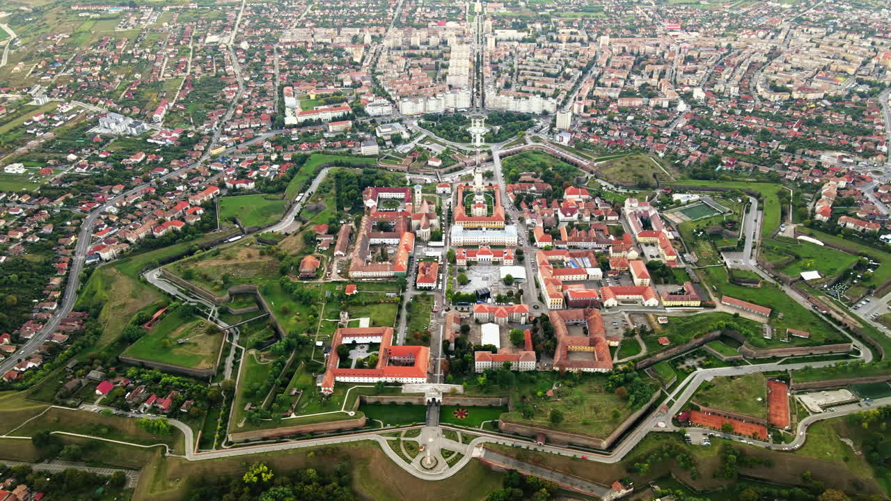 Aerial drone view of Alba Carolina Citadel in Alba-Iulia, Romania. Cityscape, multiple buildings